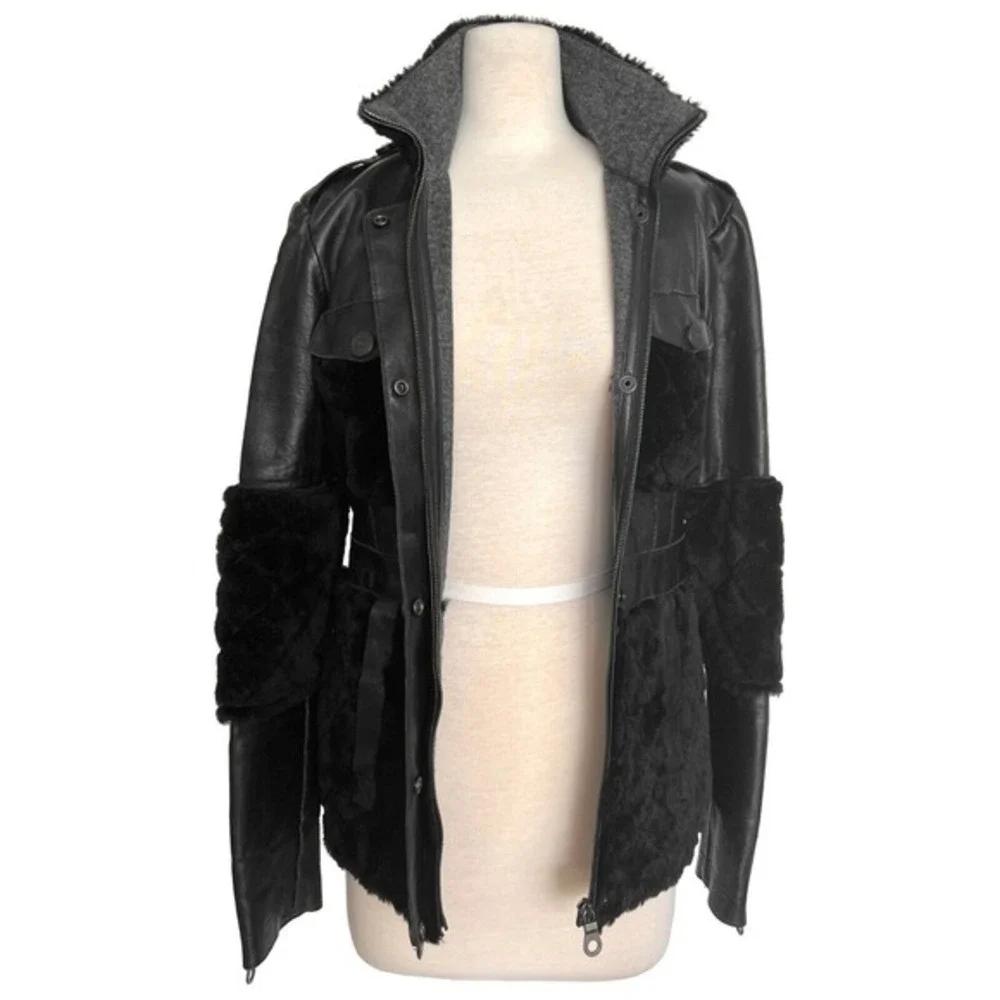 Chanel Black Leather Wool Jacket Quilted Trim CC Logo Buttons‎ Size 34